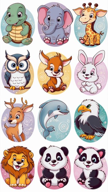 Photo a poster of a cartoon animals with a rabbit and cute animal printable sticker