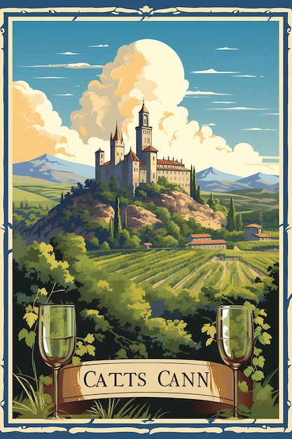 a poster for a castle with wine glasses on it