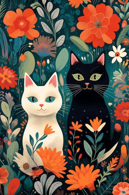 A poster for a cat and a black cat in a field of flowers.