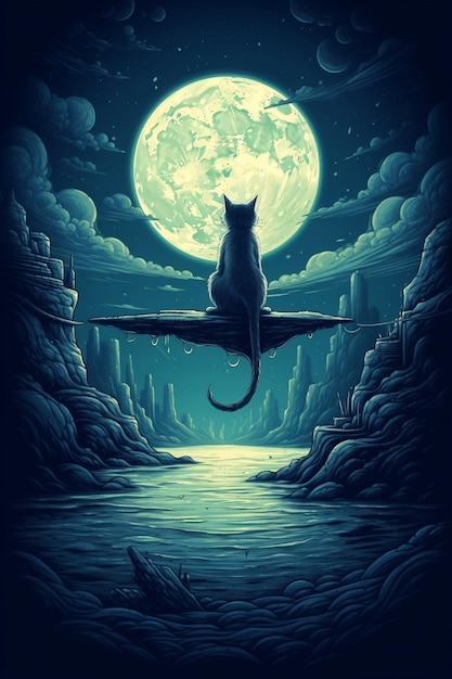 A poster of a cat looking at the moon