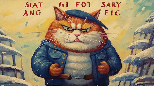 a poster of a cat wearing a jacket that says cat on it.