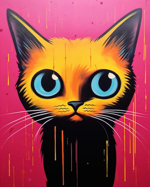 a poster of a cat with blue eyes and a pink background with a black and yellow cat on it.