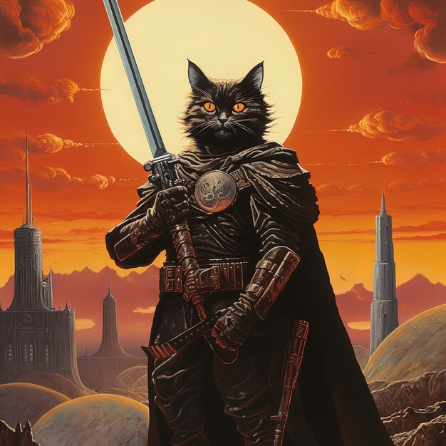 Photo a poster for a cat with a sword in his hand and the moon in the background