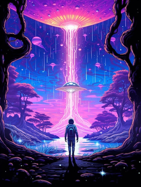 A poster for a cave with a man standing in front of a planet