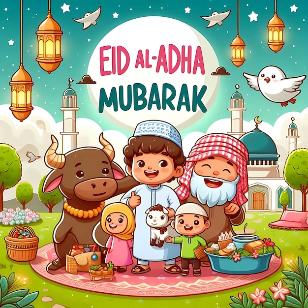 Foto un poster per la celebrazione del ramadan con un gruppo di bambini e animali