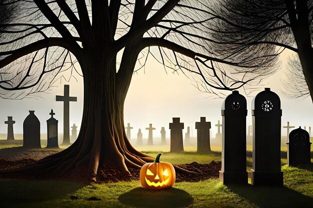 A poster for a cemetery with a pumpkin in the middle.