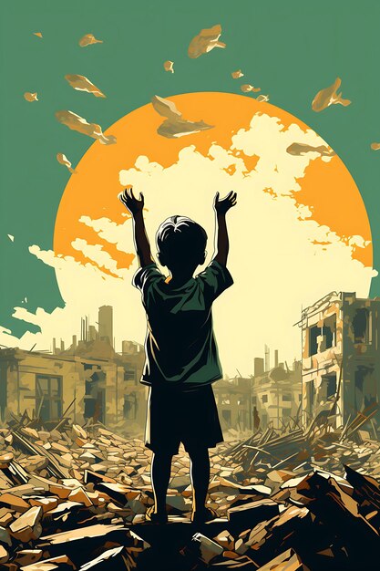 Poster of child begging for food with a backdrop of demolished buildin vector 2d dsign palestine