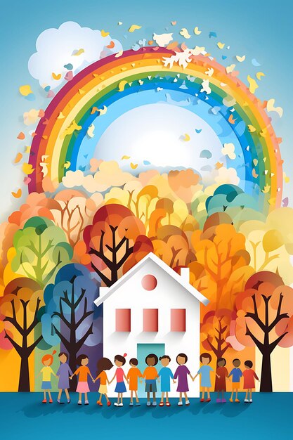 Poster of children holding hands in front of a school building rainbow 2d flat art creative design