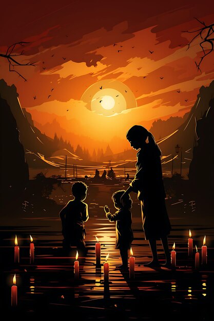 Poster of children lighting candles in a dark room with a glimmer of h vector 2d dsign palestine