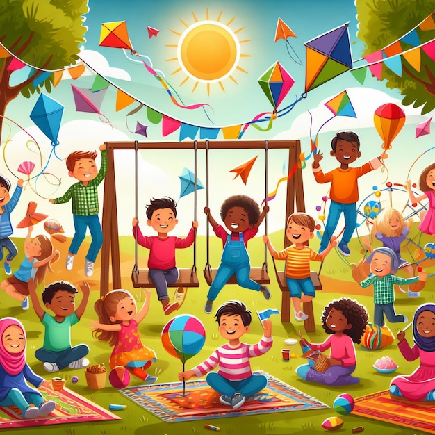 a poster of children playing in a park with a sun and a sun