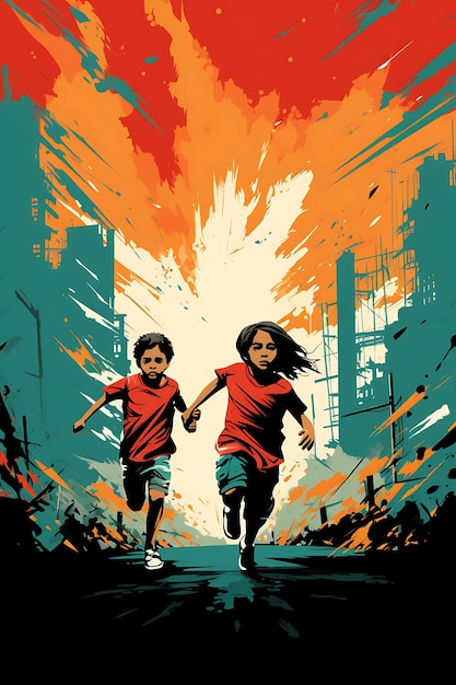 Poster of children running from bombings torn palestinian flag backgro vector 2d dsign palestine