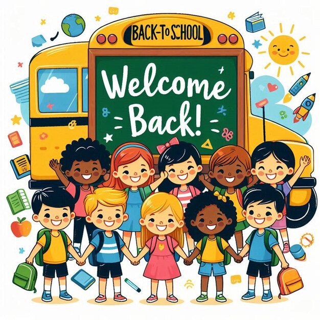 Photo a poster of children with a chalkboard that says welcome back to school