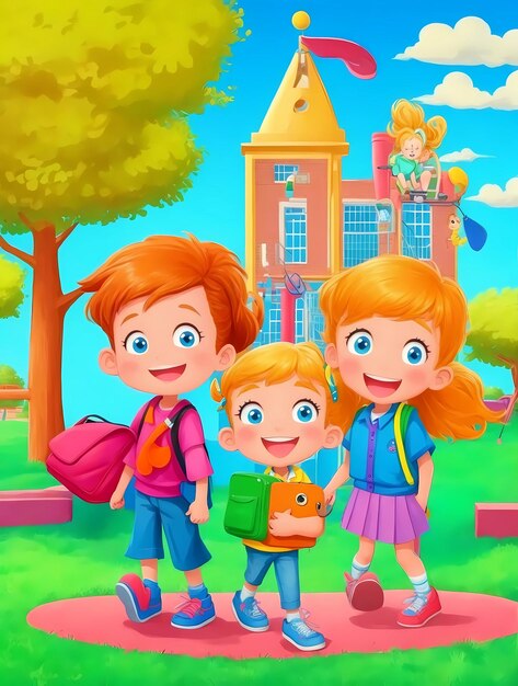 a poster of children with a tree and a house in the background.