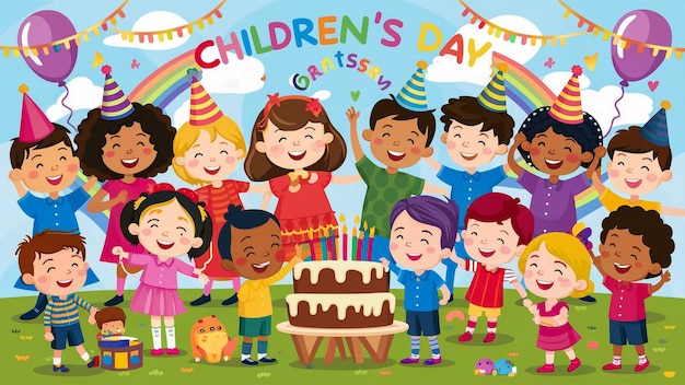 아이들의 생일 축제의 포스터와 그 뒤에 무지개 배너