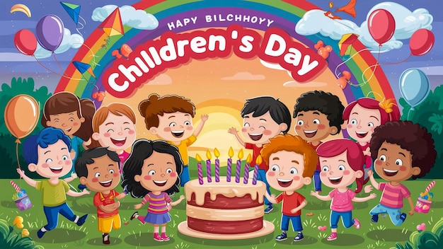 무지개 색의 배경을 가진 어린이 생일 포스터