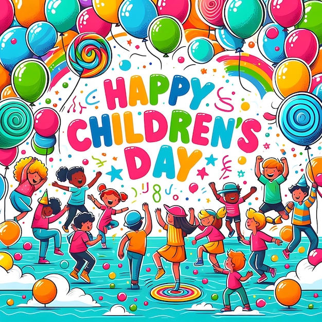Foto un poster dei compleanni dei bambini con un felice giorno dei bambini scritto in fondo