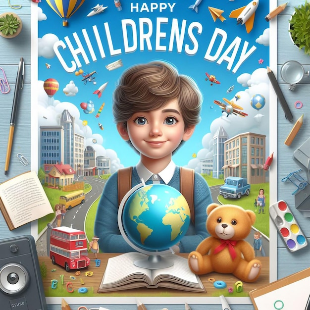 Foto un poster per il giorno dei bambini del giorno dei bambini con un ragazzo che tiene un globo e un orsacchiotto