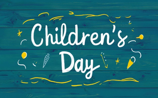 a poster for childrens day day with a yellow ribbon on the blue background