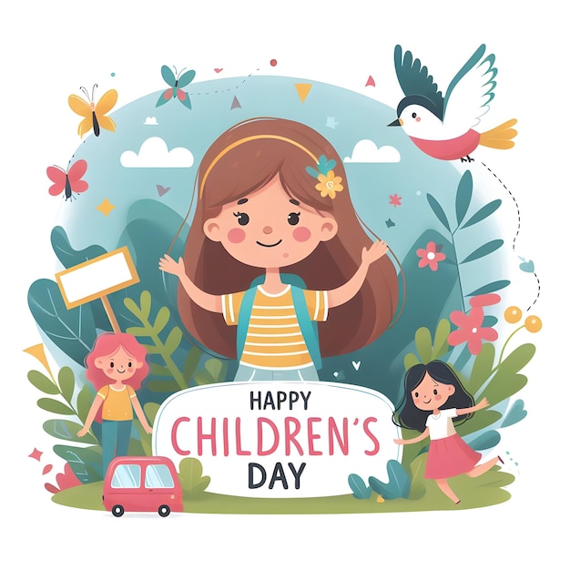 a poster for childrens day happy day with a girl waving her hand