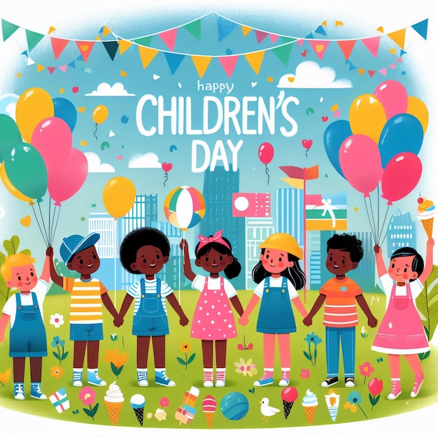 Photo a poster of childrens day with balloons and the words childrens day on it