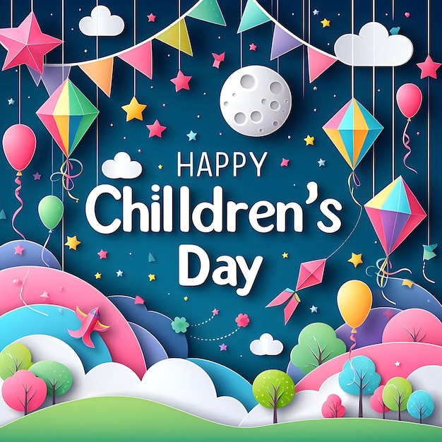 плакат на День детей с красочными воздушными шарами и синим фоном со словами "дети"