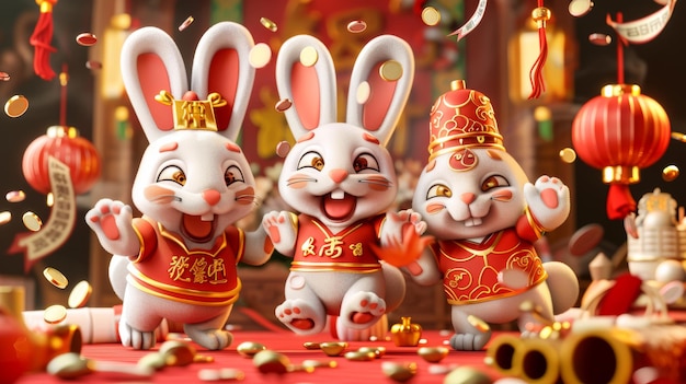 "중국 신년 토끼의 해, 토끼, 사자, 춤, 글쓰기, 칼리그래피, 동전을 들고, 은 종이 어리, 뒤에 돈이 날아다니는 문자, ""유리 토끼, 봄을 환영한다."""