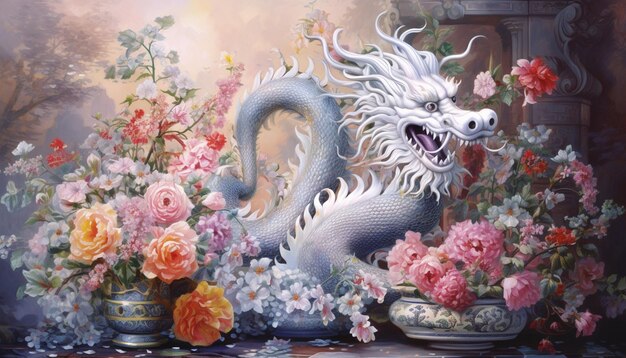 A poster of a Chinese dragon crafted from silver filigree