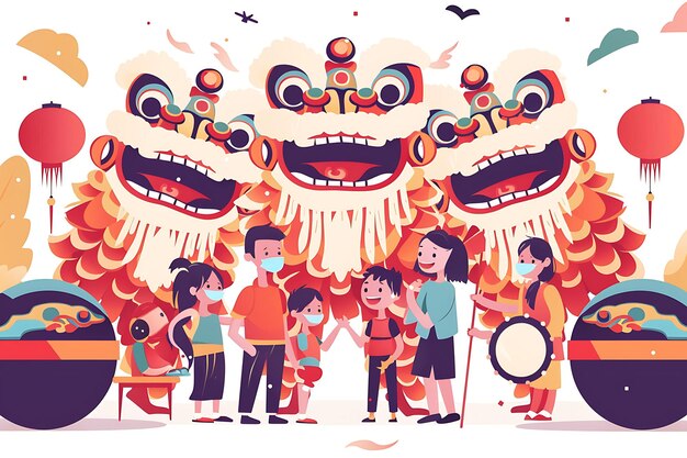 Photo a poster of a chinese dragon with people in front of it