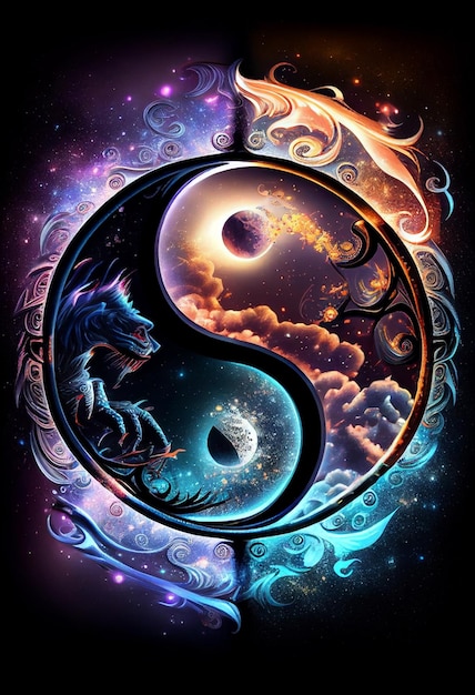 A poster for the chinese dragon and the yin yang.