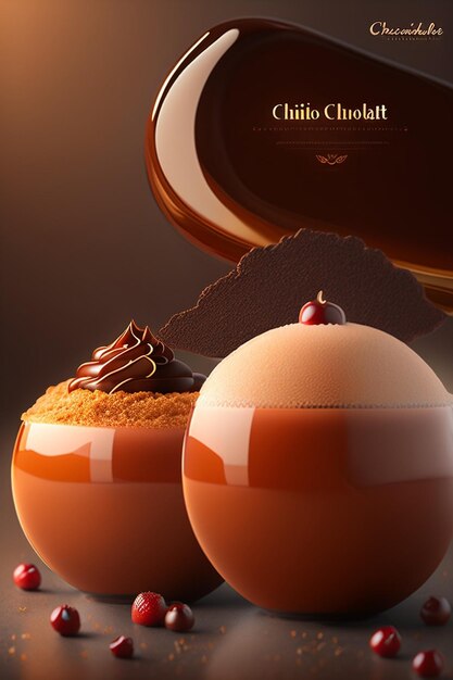 Photo a poster for a chocolate mousse dessert with a chocolate shell and a cherry on top.