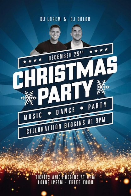 a poster for christmas party with two men in a circle on the top