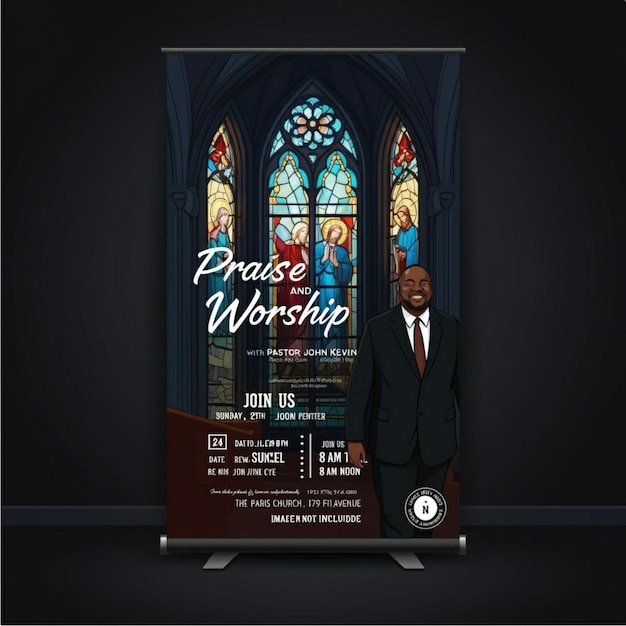 a poster for a church showing a man in a suit and tie standing in front of a stained glass window