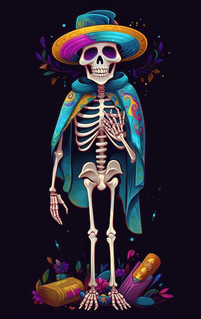 A poster for cinco de mayo with a skeleton wearing a colorful hat and a colorful hat.