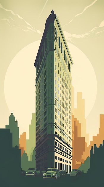 a poster for a city with a building in the background.