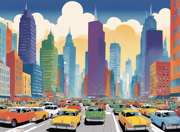 a poster of a city with cars and people