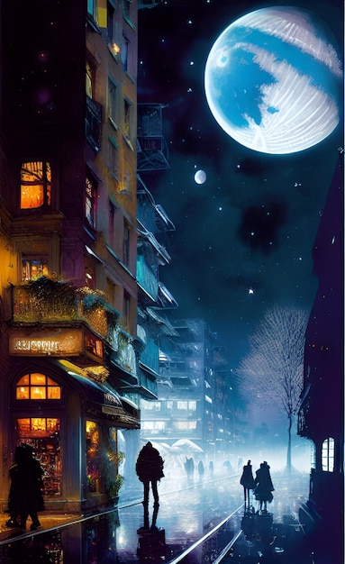 A poster of a city with a moon and stars