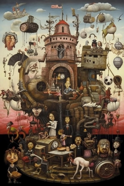 A poster of a clock tower with a bunch of people on it.