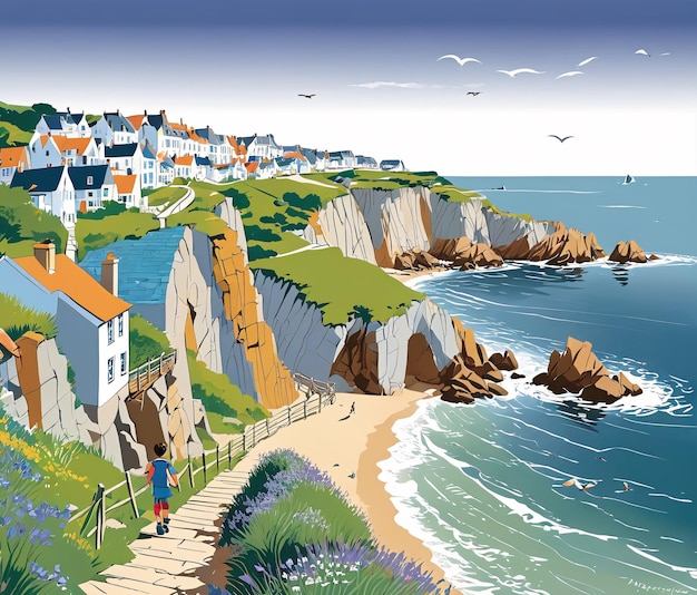 a poster of a coastal village