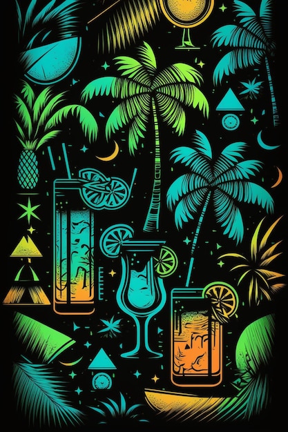 A poster for a cocktail party with a palm tree and a neon sign that says " palm tree ".