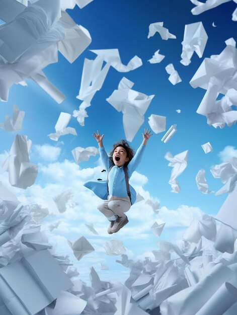 Photo poster collage of funny cute school child flying crumpled paper on dream imagine blue sky paint