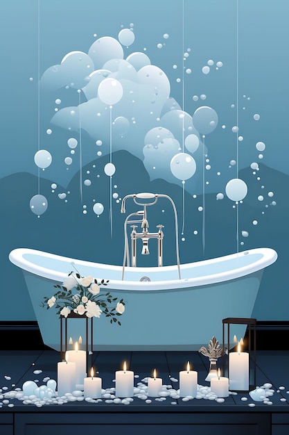 Poster of Collection of Floating Candles in a Bathtub Serene Blue and Candlesmas 2D Flat Designs