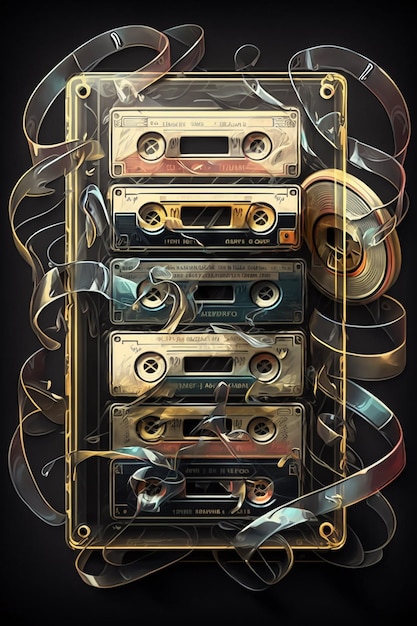 A poster of a collection of old cassettes with a ribbon around it.