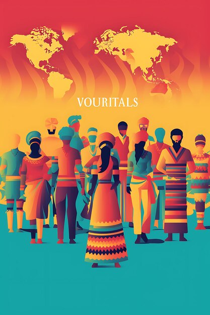 Плакат с изображением красочных культур одного мира, изображающий людей, которые не носят войны. Концепт-арт 2D плоский дизайн