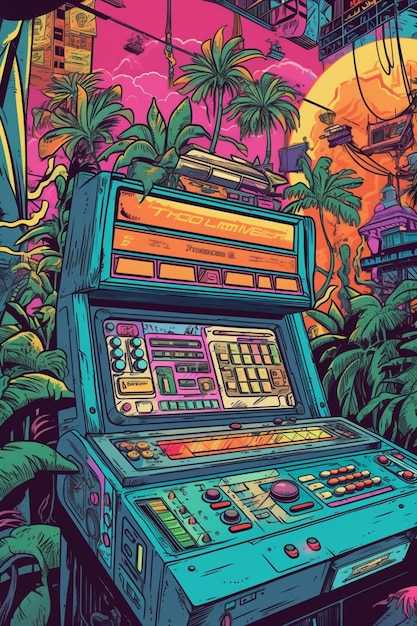 A poster of a computer with a colorful background that says'the game is on it '