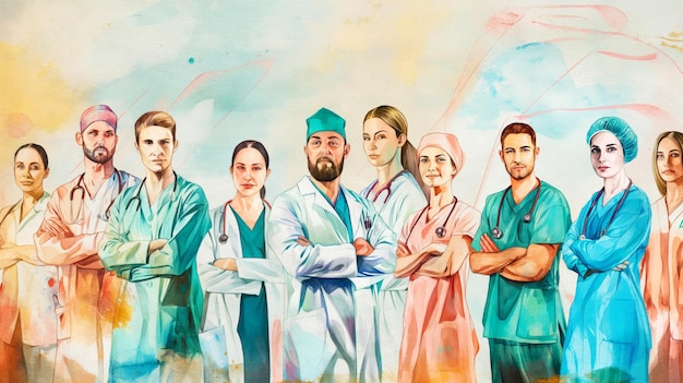 Photo poster concept with medical men and women banner idea for labor day celebration pride in the achieve