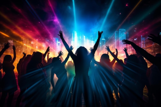 A poster of a concert with a colorful background with a silhouette of a woman with arms raised.