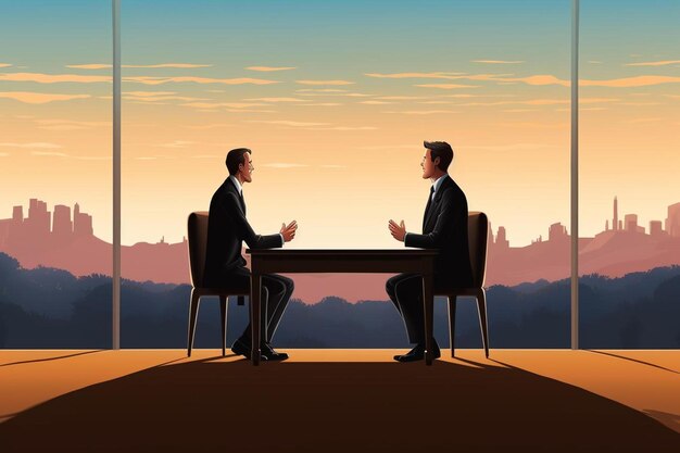 a poster for a conference with two men talking in front of a window