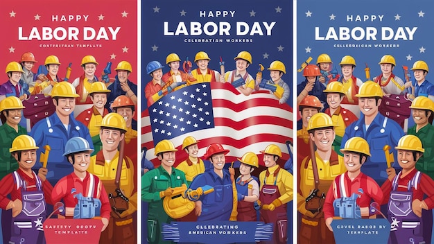 Photo a poster of a construction worker holding a flag that says happy labor day