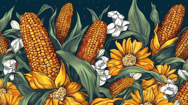 A poster of corn on the cob with white flowers.