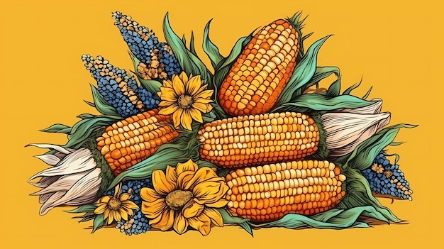 A poster of corn on the cob with white flowers